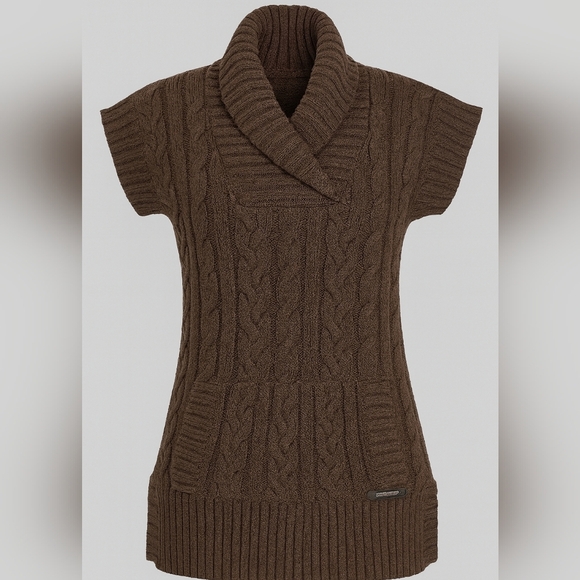 Ruff Hewn Brown Cable Knit Sweater Vest Tunic | Shawl Collar Short Sleeve MEDIUM - Picture 1 of 11